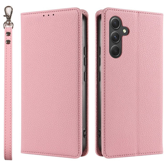 For Samsung Galaxy S25 Case Magnetic Litchi Texture Wallet Leather Phone Cover with Wrist Strap - Pink