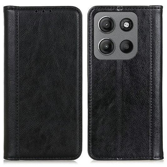 For Motorola Moto G15 4G  /  G05 4G Stand Case Split Leather Litchi Texture Wallet Phone Cover - Black