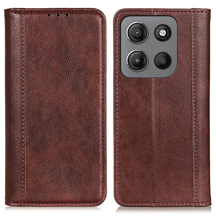 For Motorola Moto G15 4G  /  G05 4G Stand Case Split Leather Litchi Texture Wallet Phone Cover - Brown