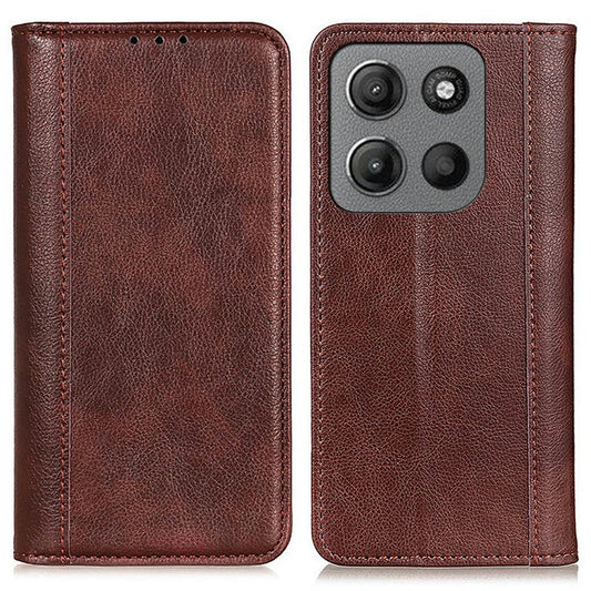 For Motorola Moto G15 4G  /  G05 4G Stand Case Split Leather Litchi Texture Wallet Phone Cover - Brown