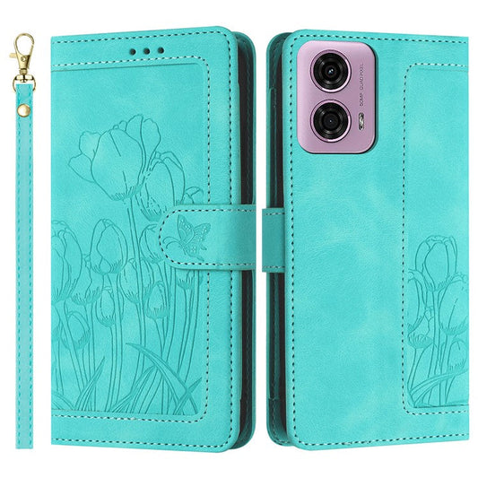 For Motorola Moto G Power (2025) Tulip Leather Case Phone Cover with 5 Card Slots Wallet - Green