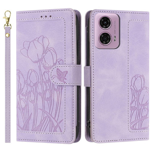 For Motorola Moto G Power (2025) Tulip Leather Case Phone Cover with 5 Card Slots Wallet - Purple