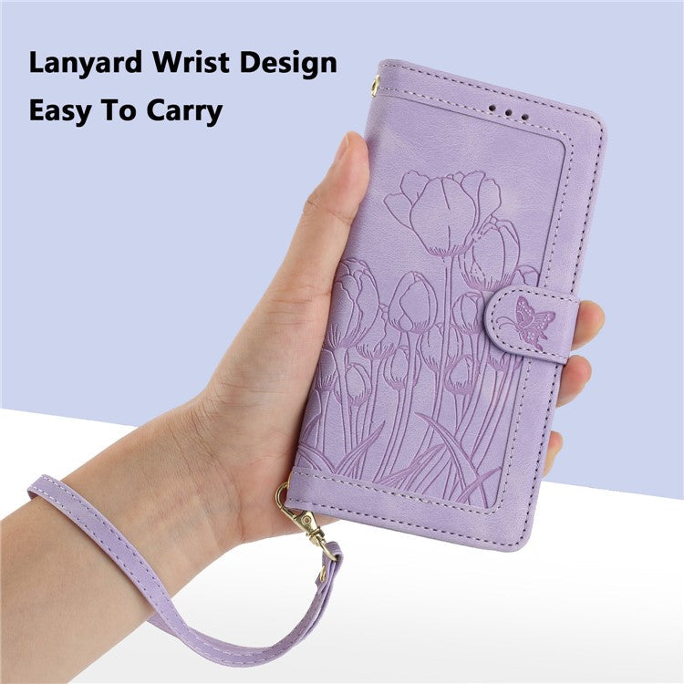 For Motorola Moto G Power (2025) Tulip Leather Case Phone Cover with 5 Card Slots Wallet - Purple