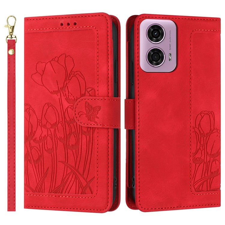 For Motorola Moto G Power (2025) Tulip Leather Case Phone Cover with 5 Card Slots Wallet - Red