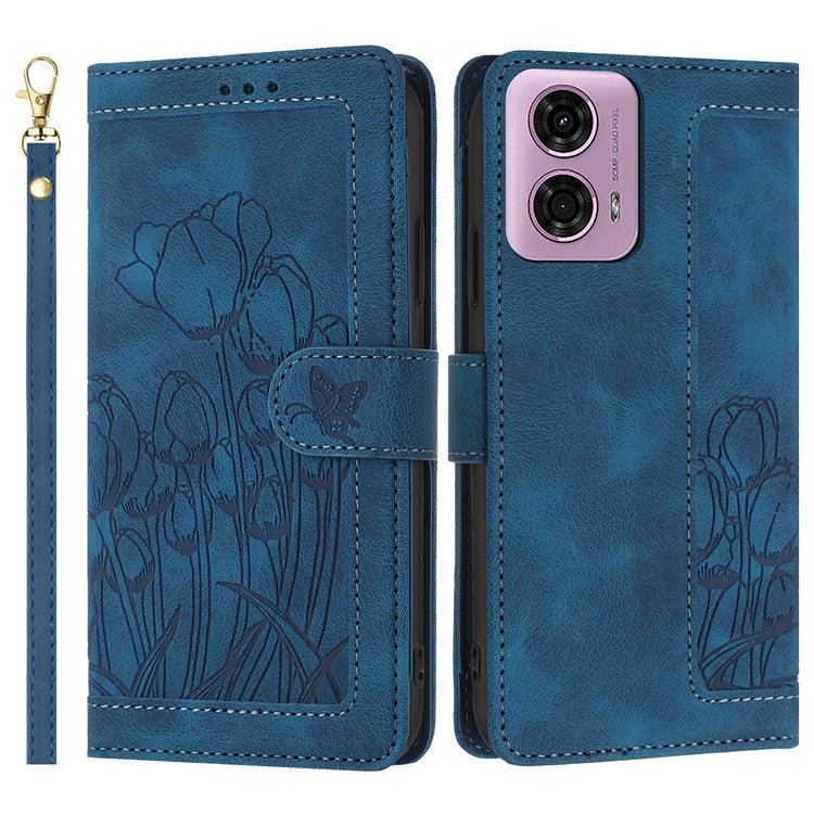 For Motorola Moto G Power (2025) Tulip Leather Case Phone Cover with 5 Card Slots Wallet - Blue