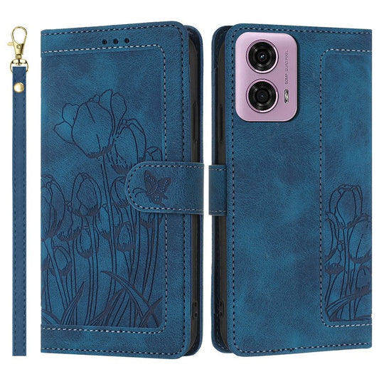 For Motorola Moto G Power (2025) Tulip Leather Case Phone Cover with 5 Card Slots Wallet - Blue