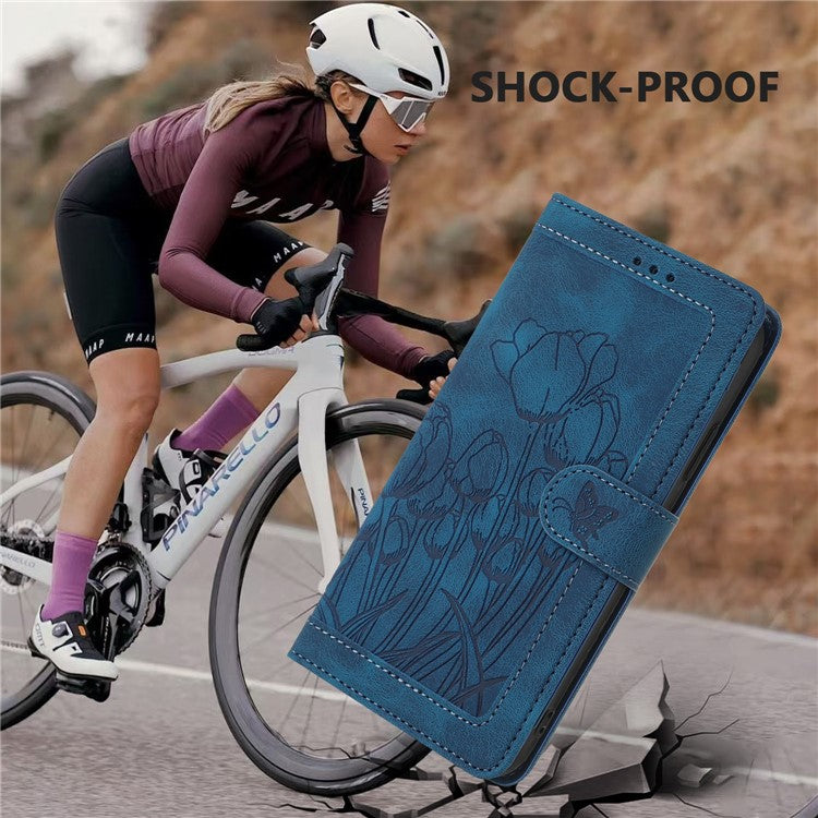 For Motorola Moto G Power (2025) Tulip Leather Case Phone Cover with 5 Card Slots Wallet - Blue