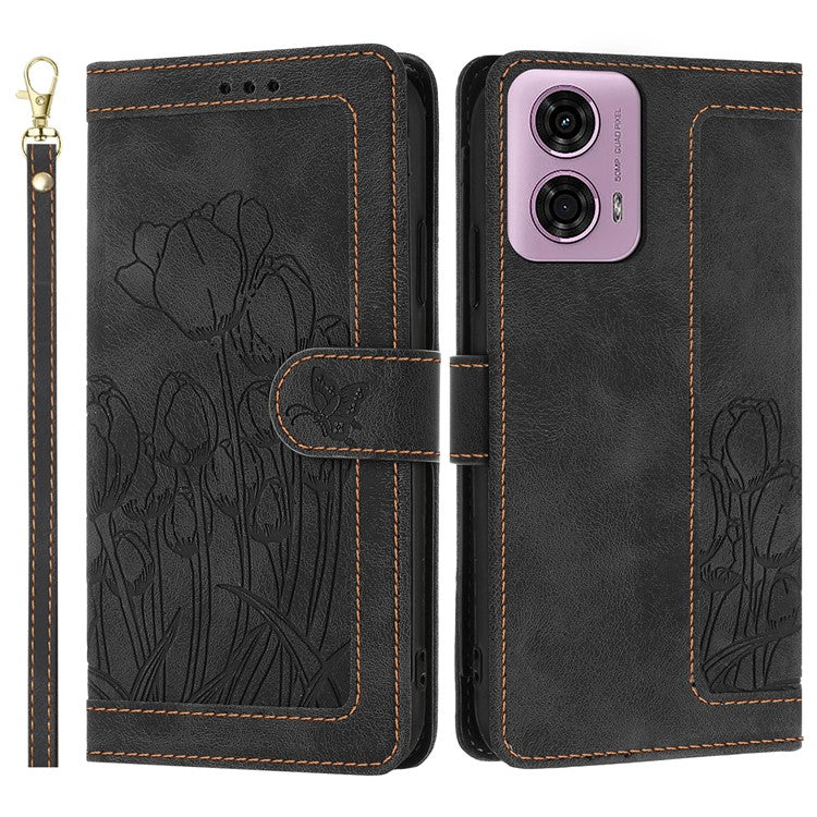 For Motorola Moto G Power (2025) Tulip Leather Case Phone Cover with 5 Card Slots Wallet - Black