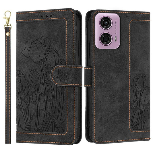 For Motorola Moto G Power (2025) Tulip Leather Case Phone Cover with 5 Card Slots Wallet - Black