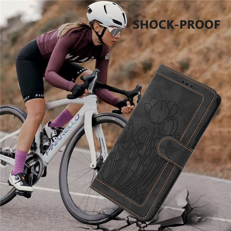 For Motorola Moto G Power (2025) Tulip Leather Case Phone Cover with 5 Card Slots Wallet - Black