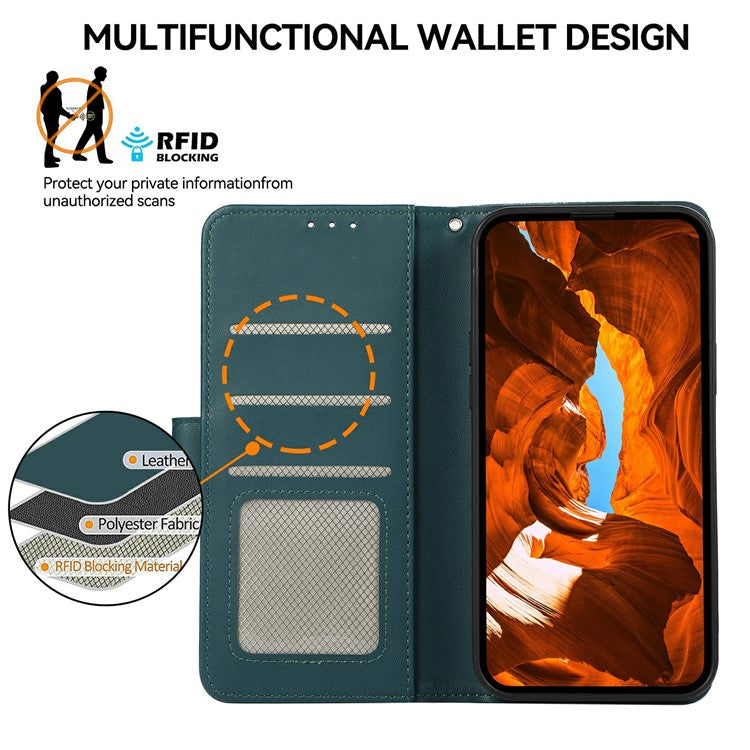 For Motorola Moto G15 4G Case RFID Blocking Flip Leather Phone Cover - Green