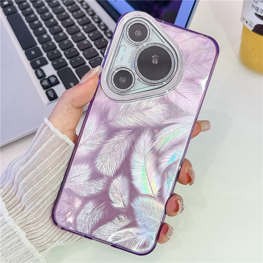 For Huawei Pura 70 Case IMD Design Shockproof Hybrid Phone Cover with Glass Lens Film - Feather Pattern  /  Purple