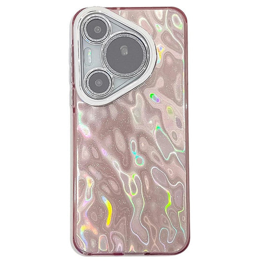 For Huawei Pura 70 Case IMD Design Shockproof Hybrid Phone Cover with Glass Lens Film - Wrinkle Pattern  /  Pink