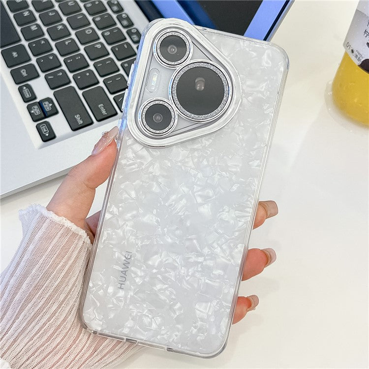 For Huawei Pura 70 Pro Case IMD Design Shockproof Hybrid Phone Cover with Glass Lens Film - Shell Pattern  /  White
