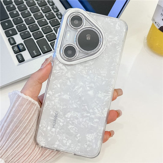 For Huawei Pura 70 Pro Case IMD Design Shockproof Hybrid Phone Cover with Glass Lens Film - Shell Pattern  /  White