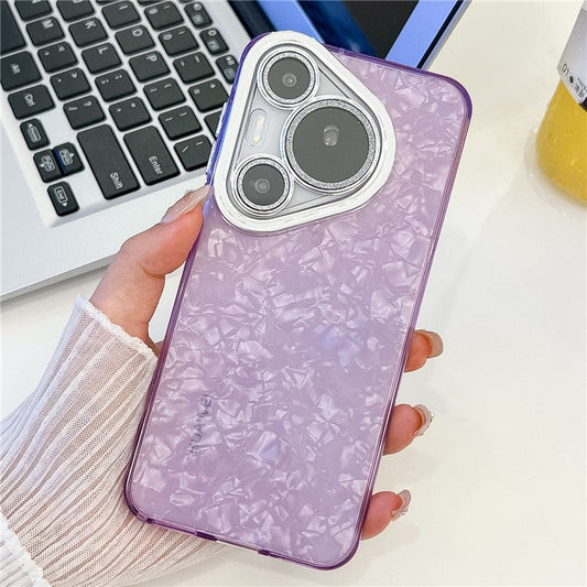 For Huawei Pura 70 Pro Case IMD Design Shockproof Hybrid Phone Cover with Glass Lens Film - Shell Pattern  /  Purple