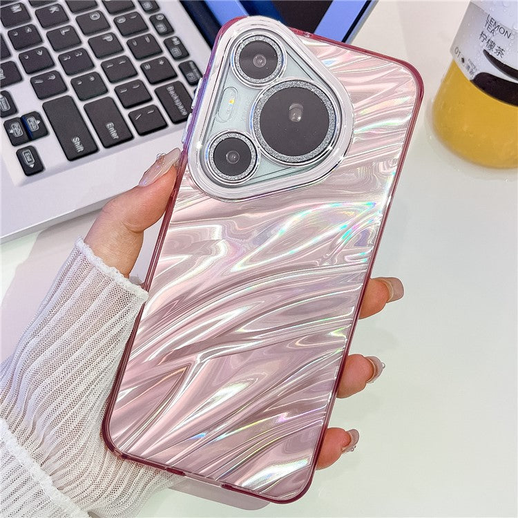 For Huawei Pura 70 Pro Case IMD Design Shockproof Hybrid Phone Cover with Glass Lens Film - Ripple Pattern  /  Pink