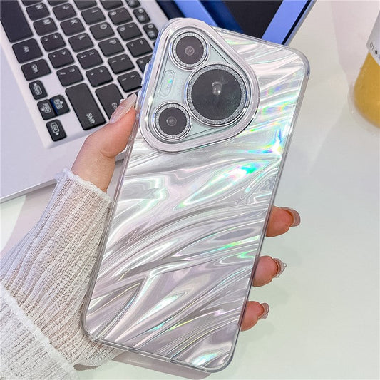 For Huawei Pura 70 Pro Case IMD Design Shockproof Hybrid Phone Cover with Glass Lens Film - Ripple Pattern  /  Silver