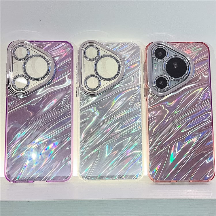 For Huawei Pura 70 Pro Case IMD Design Shockproof Hybrid Phone Cover with Glass Lens Film - Ripple Pattern  /  Silver