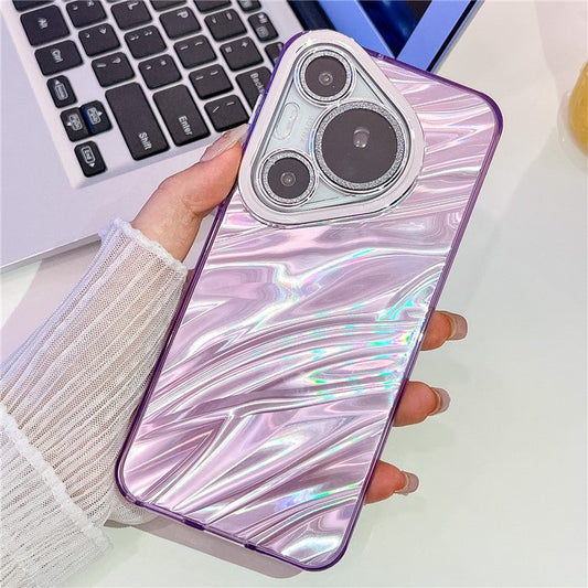 For Huawei Pura 70 Pro Case IMD Design Shockproof Hybrid Phone Cover with Glass Lens Film - Ripple Pattern  /  Purple