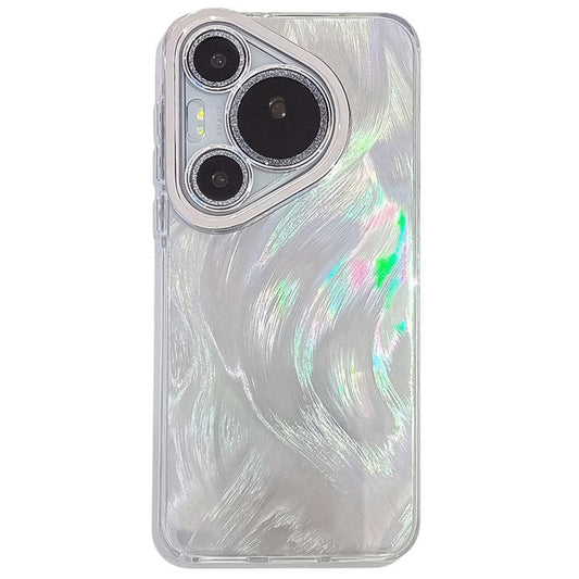 For Huawei Pura 70 Pro Case IMD Design Shockproof Hybrid Phone Cover with Glass Lens Film - Feather Yarn Pattern  /  Silver
