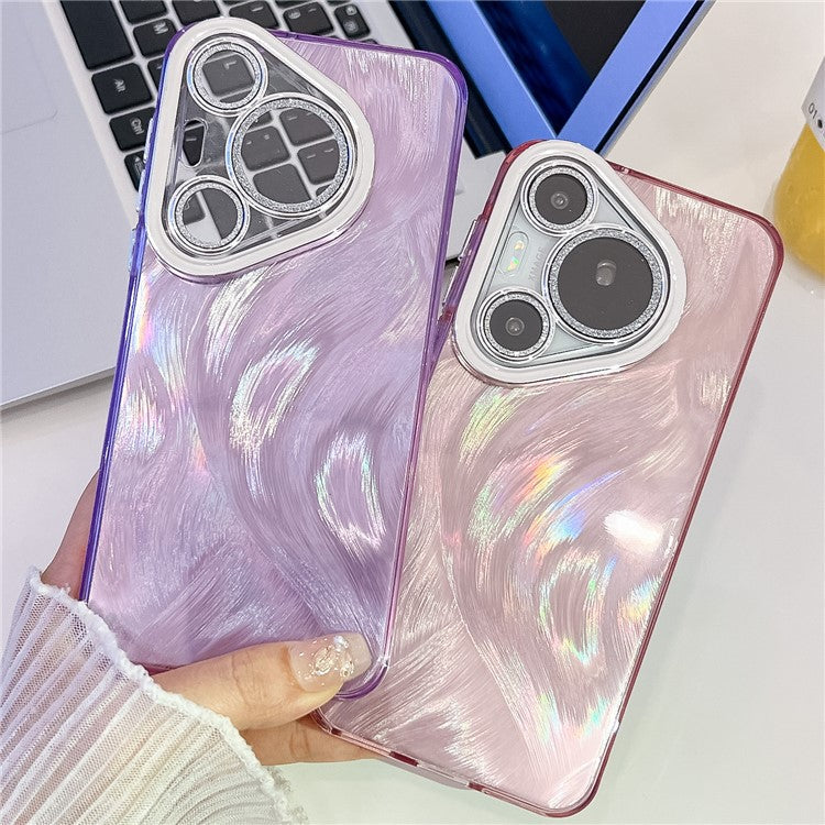 For Huawei Pura 70 Pro Case IMD Design Shockproof Hybrid Phone Cover with Glass Lens Film - Feather Yarn Pattern  /  Silver