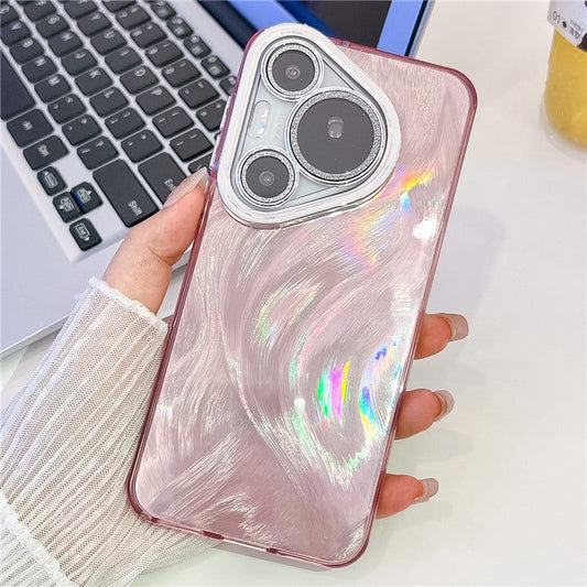For Huawei Pura 70 Pro Case IMD Design Shockproof Hybrid Phone Cover with Glass Lens Film - Feather Yarn Pattern  /  Pink