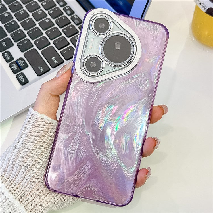 For Huawei Pura 70 Pro Case IMD Design Shockproof Hybrid Phone Cover with Glass Lens Film - Feather Yarn Pattern  /  Purple