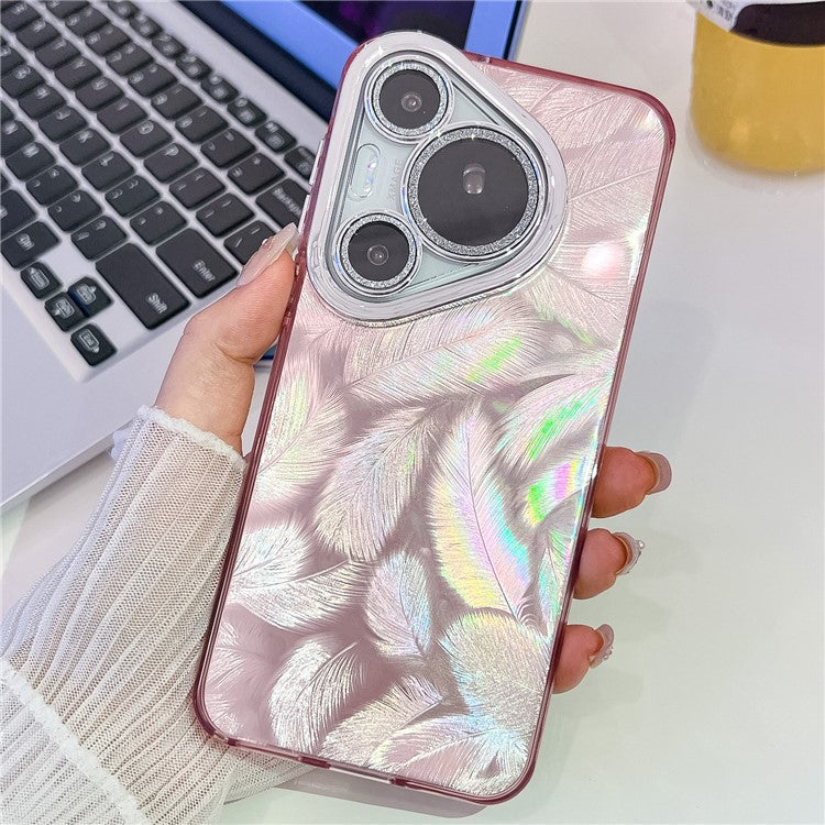 For Huawei Pura 70 Pro Case IMD Design Shockproof Hybrid Phone Cover with Glass Lens Film - Feather Pattern  /  Pink