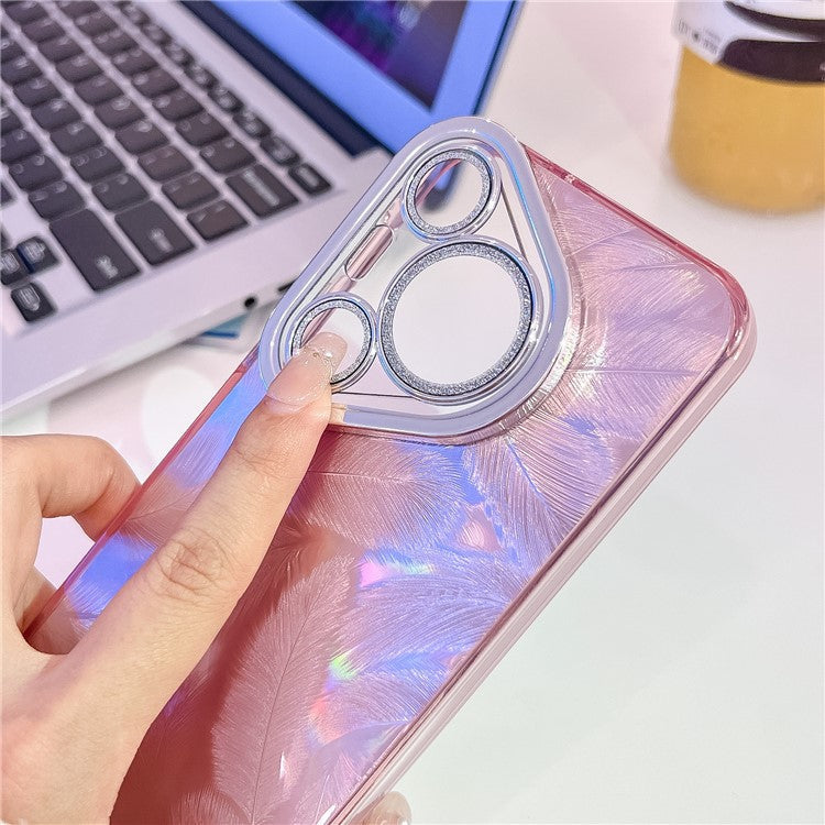 For Huawei Pura 70 Pro Case IMD Design Shockproof Hybrid Phone Cover with Glass Lens Film - Feather Pattern  /  Pink