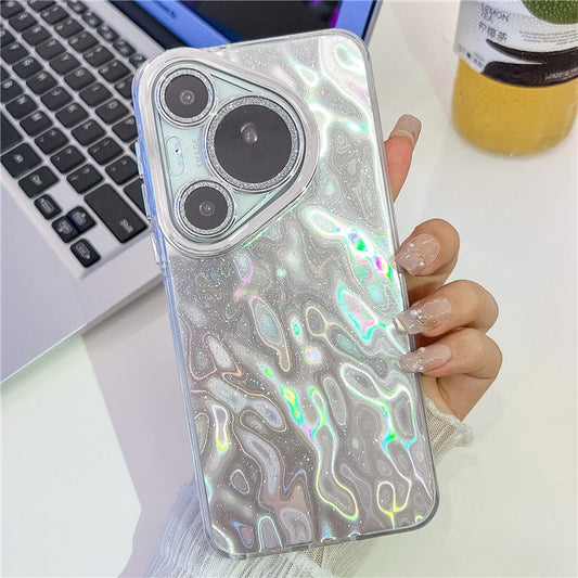 For Huawei Pura 70 Pro Case IMD Design Shockproof Hybrid Phone Cover with Glass Lens Film - Wrinkle Pattern  /  Silver