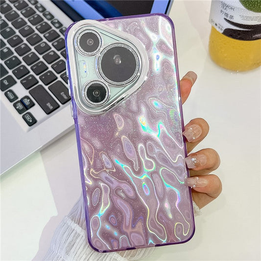 For Huawei Pura 70 Pro Case IMD Design Shockproof Hybrid Phone Cover with Glass Lens Film - Wrinkle Pattern  /  Purple