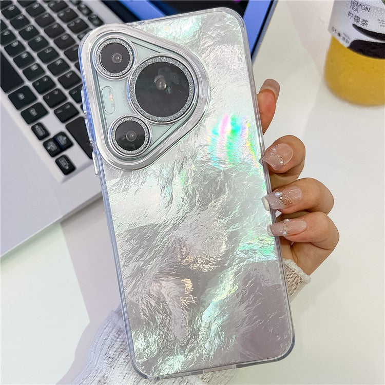 For Huawei Pura 70 Pro Case IMD Design Shockproof Hybrid Phone Cover with Glass Lens Film - Foil Pattern  /  Silver