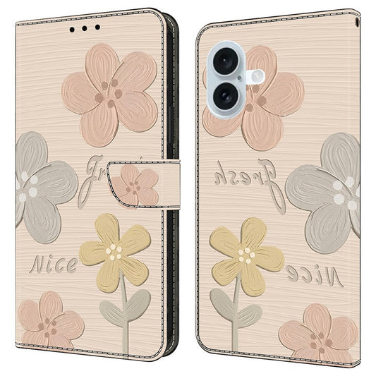For iPhone 16 Plus Case Pattern Printing Anti-Drop Leather Flip Wallet Phone Cover - Fresh Flowers