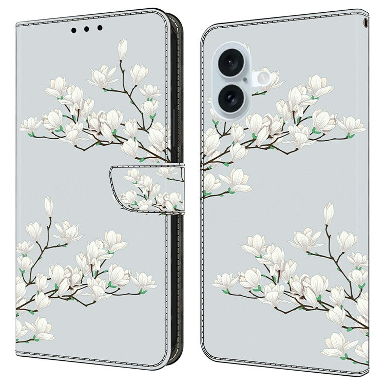 For iPhone 16 Plus Case Pattern Printing Anti-Drop Leather Flip Wallet Phone Cover - Magnolia