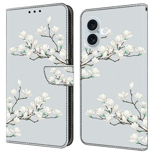 For iPhone 16 Plus Case Pattern Printing Anti-Drop Leather Flip Wallet Phone Cover - Magnolia
