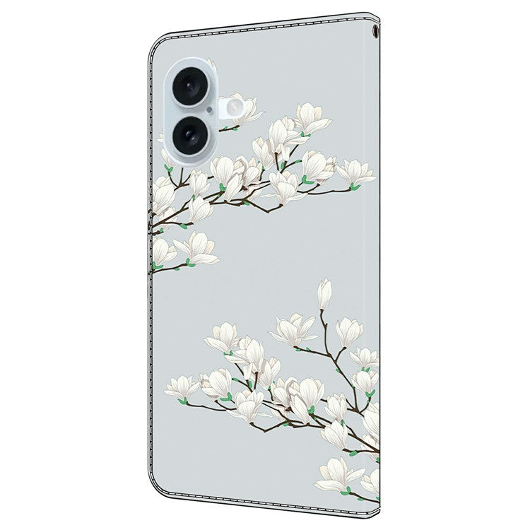 For iPhone 16 Plus Case Pattern Printing Anti-Drop Leather Flip Wallet Phone Cover - Magnolia