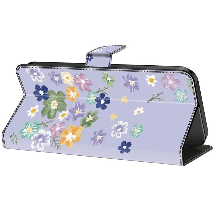 For iPhone 16 Plus Case Pattern Printing Anti-Drop Leather Flip Wallet Phone Cover - Purple Floral