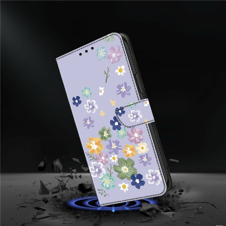 For iPhone 16 Plus Case Pattern Printing Anti-Drop Leather Flip Wallet Phone Cover - Purple Floral