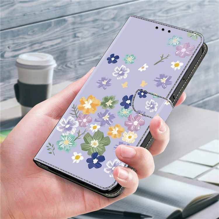 For iPhone 16 Plus Case Pattern Printing Anti-Drop Leather Flip Wallet Phone Cover - Purple Floral
