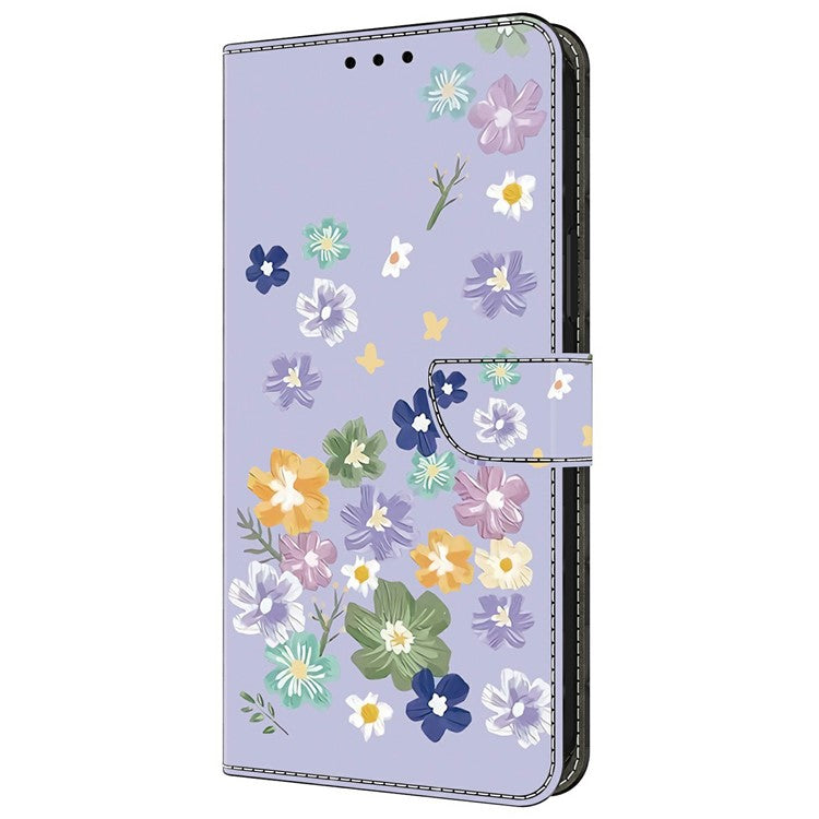 For iPhone 16 Plus Case Pattern Printing Anti-Drop Leather Flip Wallet Phone Cover - Purple Floral