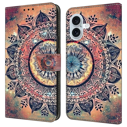 For iPhone 16 Plus Case Pattern Printing Anti-Drop Leather Flip Wallet Phone Cover - Mandala