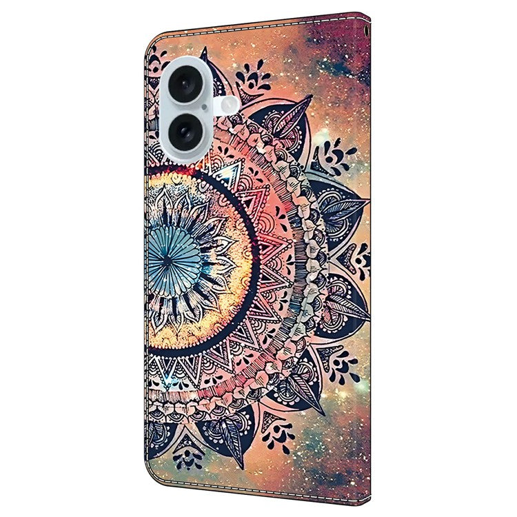 For iPhone 16 Plus Case Pattern Printing Anti-Drop Leather Flip Wallet Phone Cover - Mandala