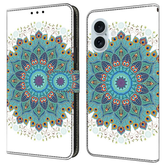 For iPhone 16 Plus Case Pattern Printing Anti-Drop Leather Flip Wallet Phone Cover - Peacock