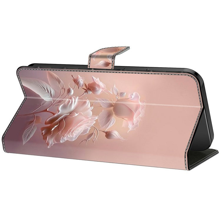 For iPhone 16 Case Pattern Printing Anti-Drop Leather Flip Wallet Phone Cover - Ceramic Rose