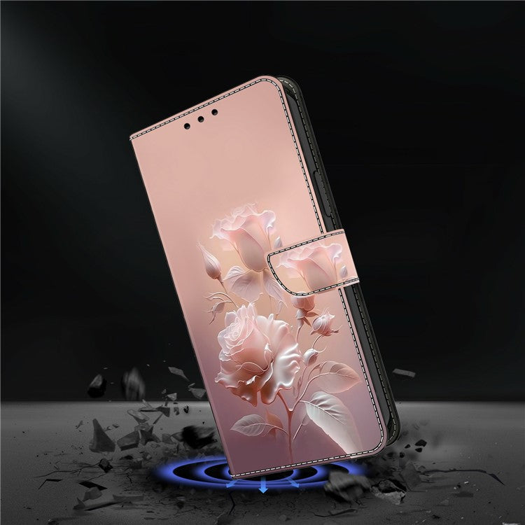 For iPhone 16 Case Pattern Printing Anti-Drop Leather Flip Wallet Phone Cover - Ceramic Rose