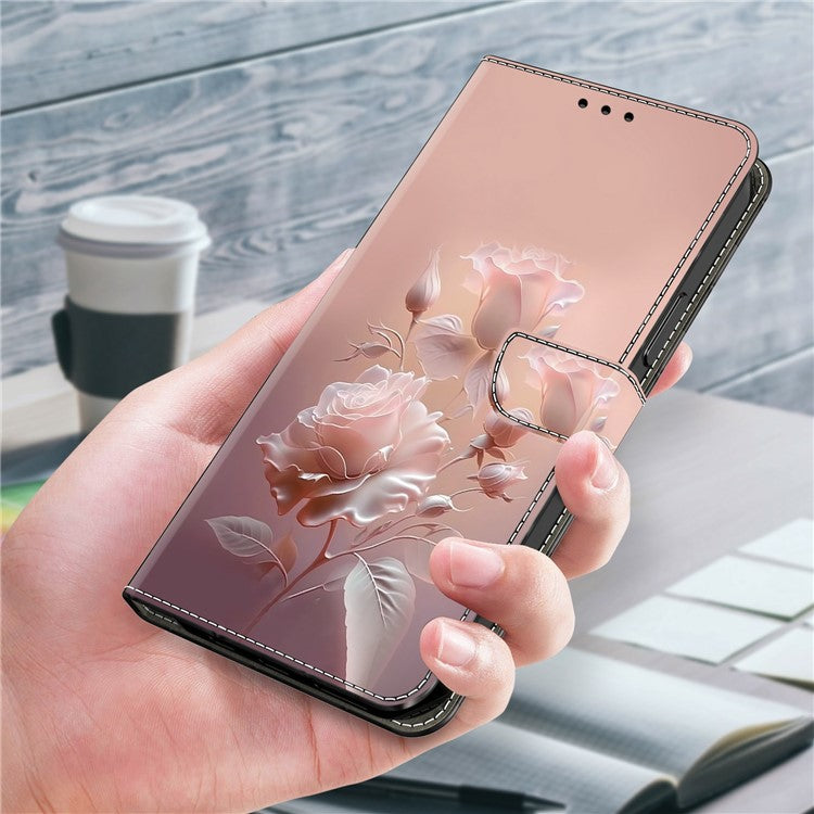 For iPhone 16 Case Pattern Printing Anti-Drop Leather Flip Wallet Phone Cover - Ceramic Rose