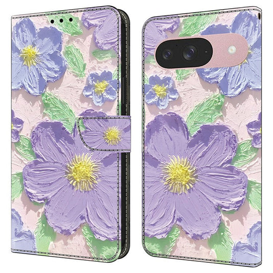 For Google Pixel 9 Pro  /  Pixel 9 Case Pattern Printing Anti-Drop Leather Flip Wallet Phone Cover - Oil Painting Purple Flowers