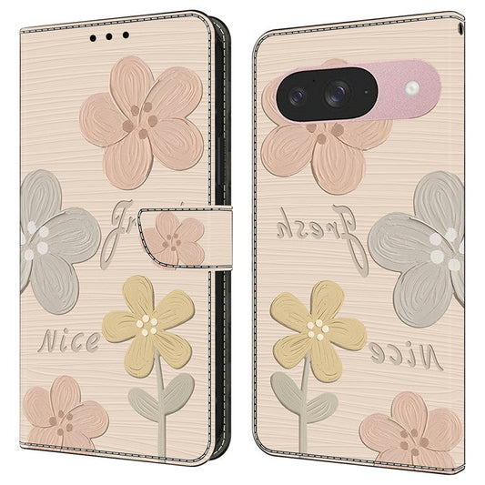 For Google Pixel 9 Pro  /  Pixel 9 Case Pattern Printing Anti-Drop Leather Flip Wallet Phone Cover - Fresh Flowers