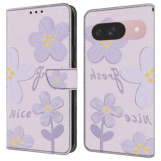 For Google Pixel 9 Pro  /  Pixel 9 Case Pattern Printing Anti-Drop Leather Flip Wallet Phone Cover - Purple Flowers